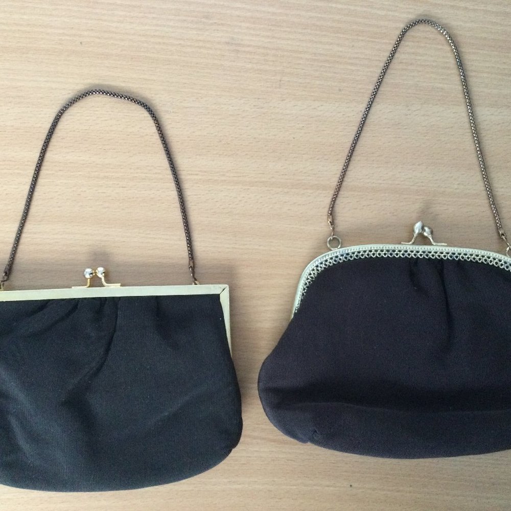 2 Vintage women' black fabric metal chain wallets clutch purses coin bags
